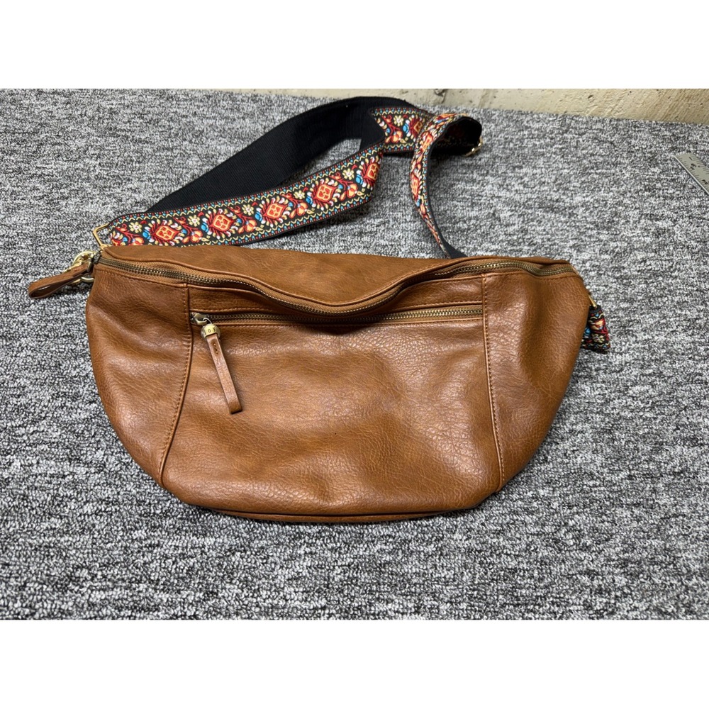 Joy Susan Brown Vegan Leather Fanny Pack Crossbody Bag Embroidered Strap Floral